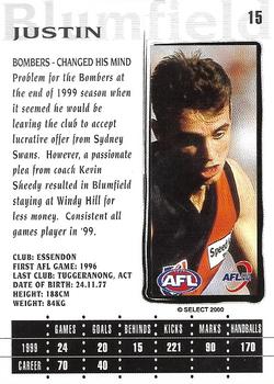 2000 Select AFL Millennium #15 Justin Blumfield Back